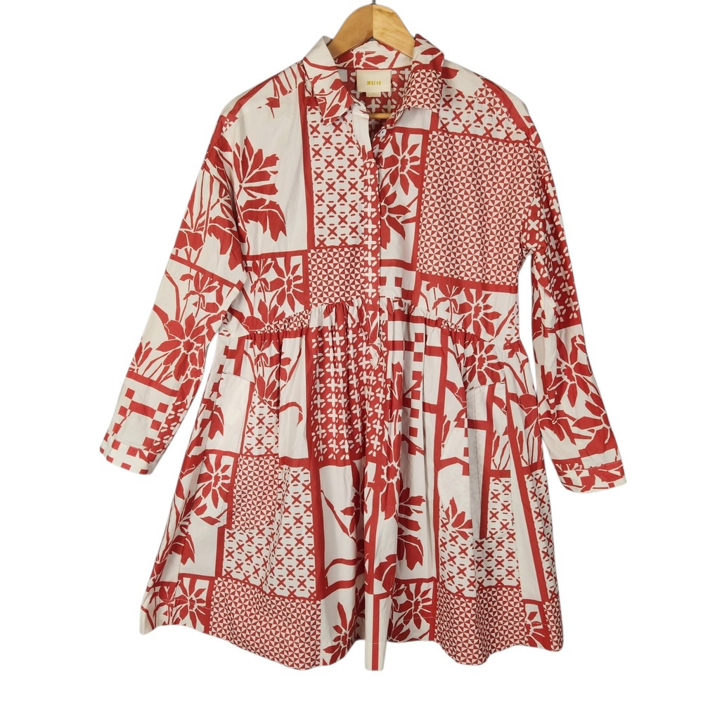 Maeve Shirt Dress Medium Red White Floral Patchwork Mini Long Sleeve Relaxed Fit